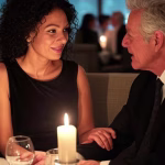 How to Make a Rich Man Fall in Love with You: Psychology Secrets That Actually Work Elegant woman in sophisticated black dress having intimate conversation with mature distinguished ma