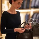 Sugar Daddy Scams: How to Spot Fake Rich Men Before Meeting (My Real Experience) elegant young woman examining luxury items carefully in upscale boutique, scrutinizing authenticity,