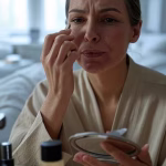 Sugar Baby Burnout: When the Bowl Stops Being Fun (And What to Do About It) Thoughtful woman applying makeup in mirror with conflicted expression, designer cosmetics on vanity,