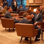 Where Do Millionaires Hang Out? 12 Secret Spots to Meet Wealthy Men (And Actually Connect) Interior of exclusive private members club lounge with leather chairs, ambient lighting, wealthy pro