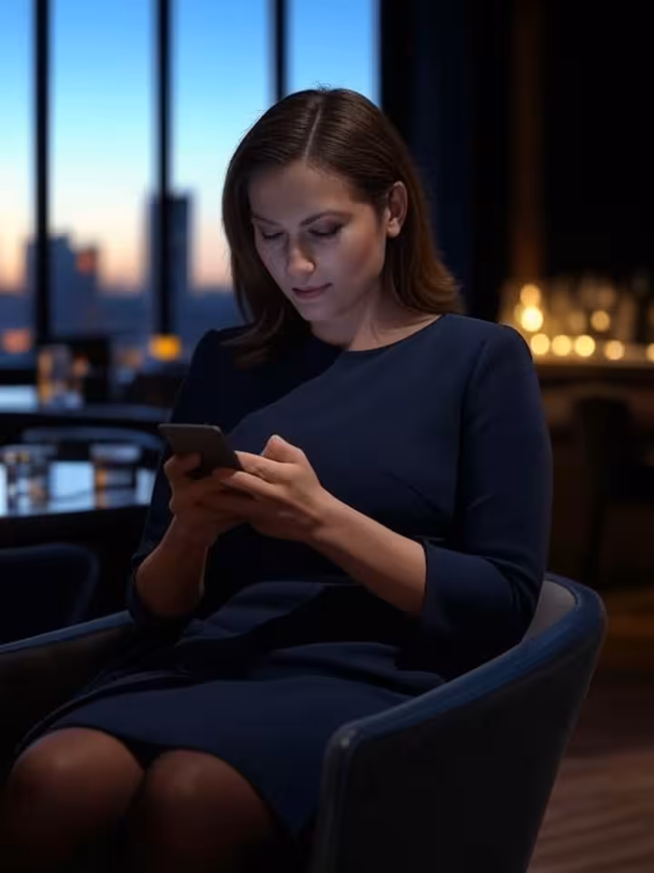 confident woman sitting at upscale hotel bar alone reviewing messages on phone, city skyline through