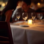 Setting Boundaries with Your Sugar Daddy: The Real Talk No One's Having Intimate fine dining restaurant scene, white tablecloth, candlelight, two wine glasses, upscale ambi