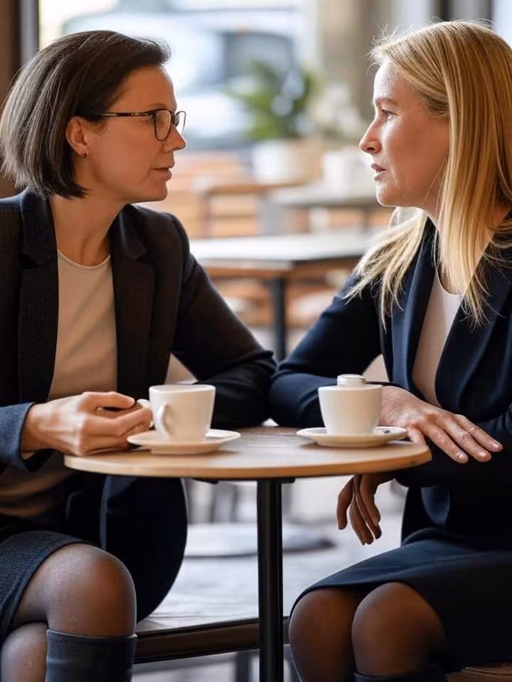 Professional woman having serious conversation across cafe table, direct eye contact, confident body