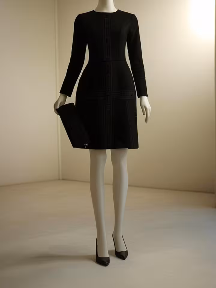 sophisticated date night outfit styled on mannequin, little black dress with architectural details,