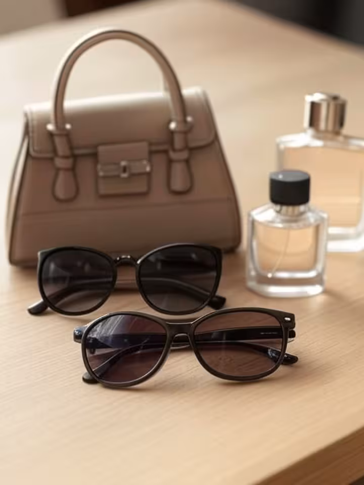 luxury lifestyle flatlay with upscale accessories, designer sunglasses, quality perfume bottle, stru
