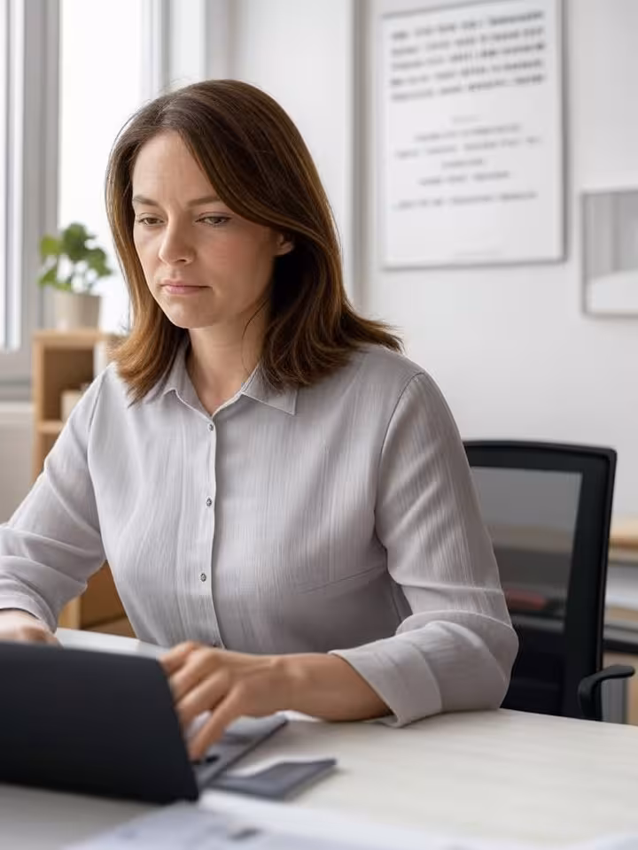 Woman working on laptop in chic home office with vision board visible, personal growth and ambition