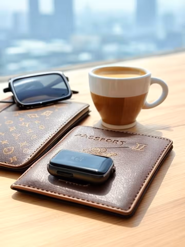 Lifestyle magazine aesthetic flat lay with designer items, travel essentials, luxury accessories, co