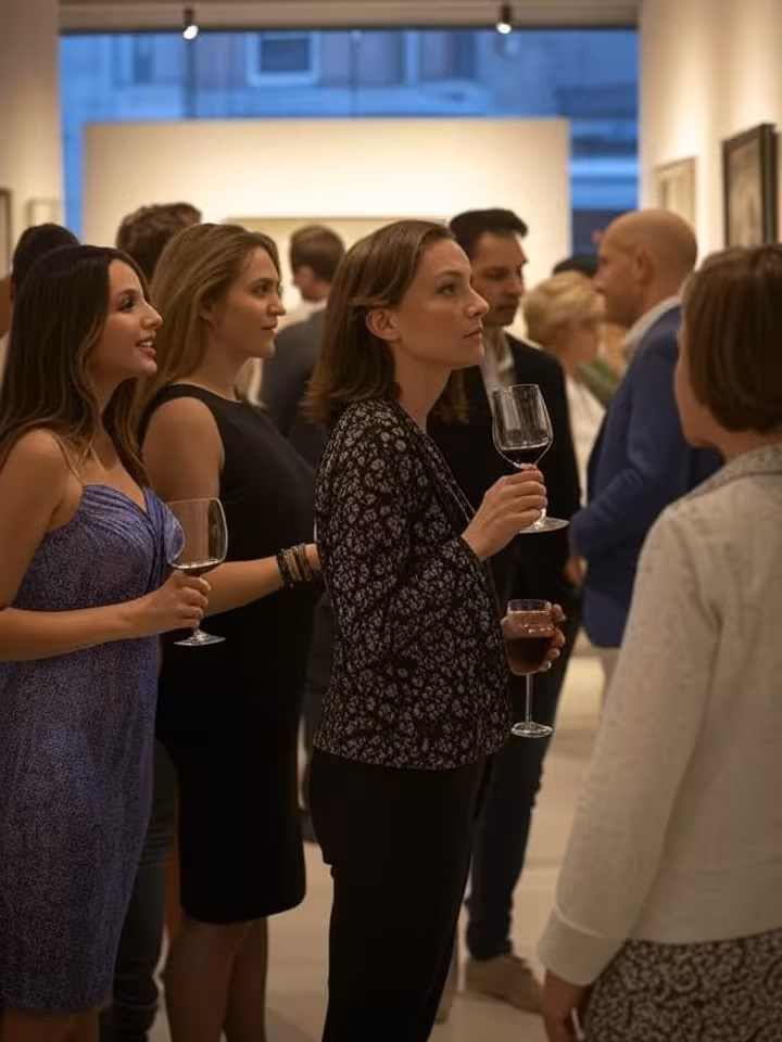 Private art gallery opening with contemporary artwork on white walls, sophisticated crowd viewing ex