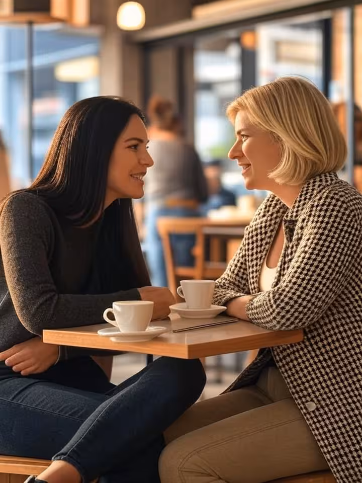 two women having coffee and intimate conversation at upscale cafe, supportive friendship moment, nat