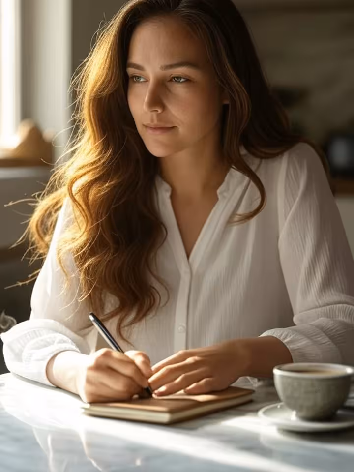 woman writing in journal at marble table with coffee, thoughtful expression, morning light, self-ref