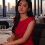 What Is a Sugar Baby? The Real Guide Nobody Tells You (From Someone Who's Been There) Elegant young woman in designer dress sitting at upscale restaurant table with city skyline view thr