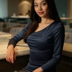 Sugar Baby Safety Tips: Protecting Yourself on First Dates Elegant young woman sitting confidently at upscale restaurant bar, soft evening lighting, modern lux