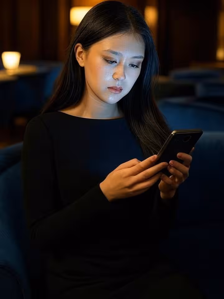 Elegant young woman in sophisticated black dress looking thoughtfully at her smartphone in a dimly l