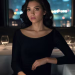 How to Be Mysterious and Intriguing in Sugar Relationships: Less Is More Elegant young woman in sophisticated black dress sitting alone at upscale restaurant table with city