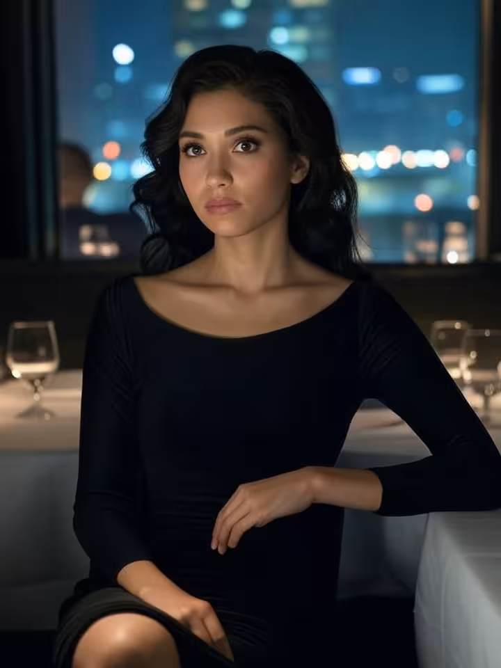 Elegant young woman in sophisticated black dress sitting alone at upscale restaurant table with city