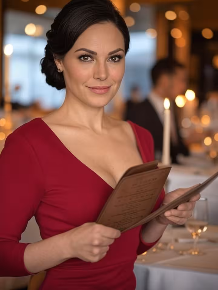 Elegant woman holding leather-bound wine list at upscale New York restaurant, soft candlelight, soph