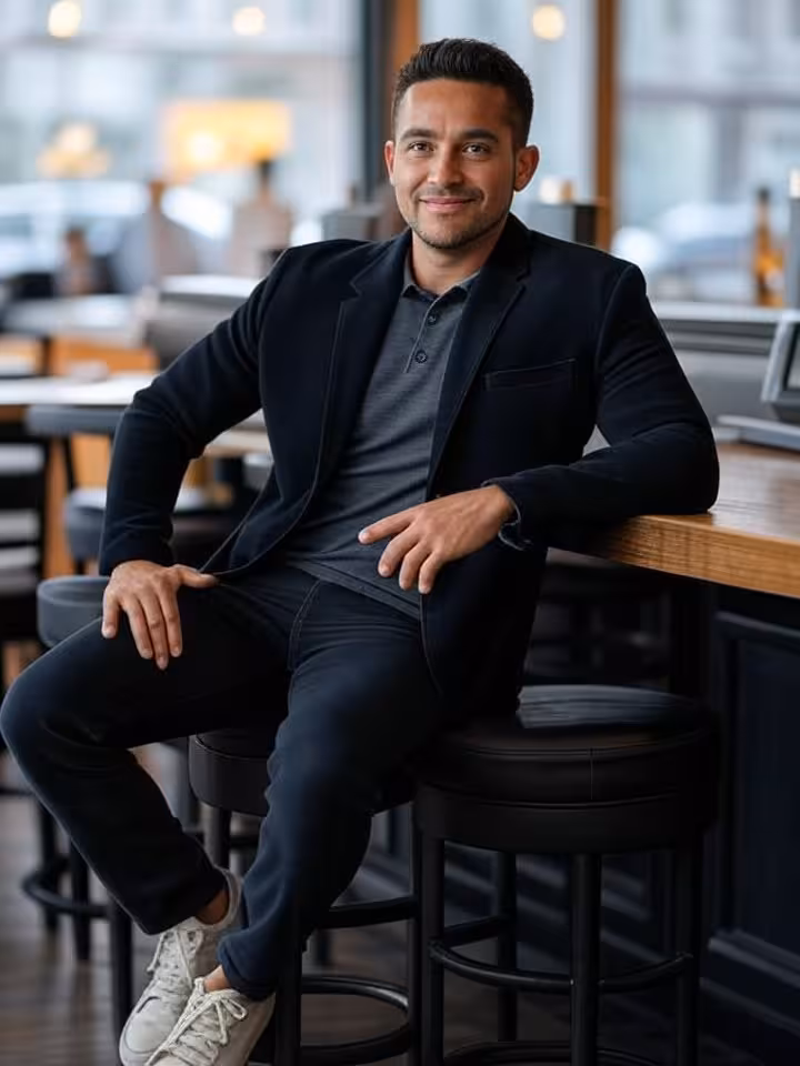 Confident young businessman in his 30s, modern tech entrepreneur style, casual luxury outfit with de