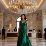 Five Star Hotel Etiquette: How to Act Like You Belong (Without Faking It) Elegant woman in sophisticated dress standing in luxury hotel marble lobby with chandelier, natural