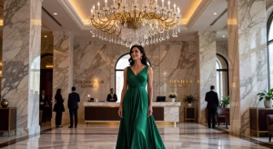 Elegant woman in sophisticated dress standing in luxury hotel marble lobby with chandelier, natural