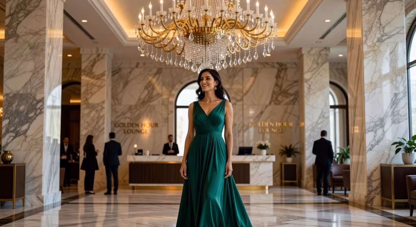 Elegant woman in sophisticated dress standing in luxury hotel marble lobby with chandelier, natural