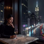 My Sugar Daddy Died: The Grief Nobody Talks About (And How I Got Through It) Young elegant woman sitting alone in upscale Manhattan restaurant at night, looking pensively out wi