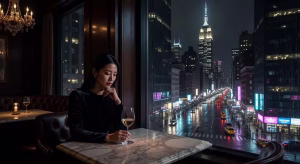 Young elegant woman sitting alone in upscale Manhattan restaurant at night, looking pensively out wi