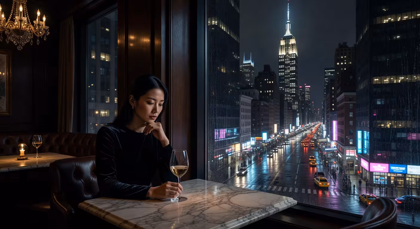 Young elegant woman sitting alone in upscale Manhattan restaurant at night, looking pensively out wi