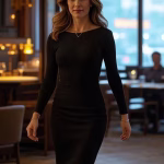 What Wealthy Men Really Find Attractive (Spoiler: It's Not What You Think) elegant confident woman in stylish black dress walking through upscale Manhattan restaurant, warm am