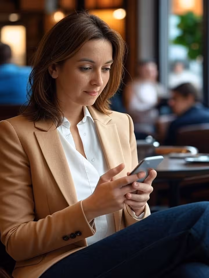 Elegant woman checking smartphone calendar in upscale Manhattan coffee shop, natural window lighting