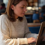 Sugar Baby Profile Tips: How to Stand Out and Attract Quality Sugar Daddies (Not Just Any Guy) Professional young woman typing on laptop at modern coffee shop, editing her dating profile, warm na