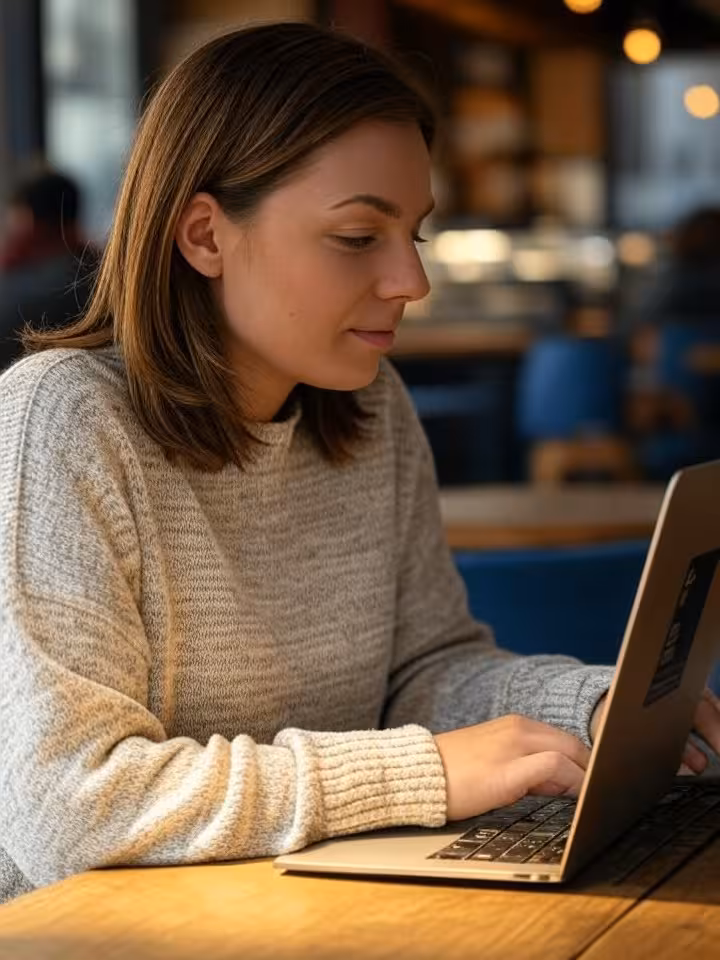 Professional young woman typing on laptop at modern coffee shop, editing her dating profile, warm na