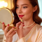 Red Lipstick Meaning: When to Wear Bold Lips on Sugar Daddy Dates Woman applying classic red lipstick while looking in a vintage gold compact mirror, soft luxury ligh