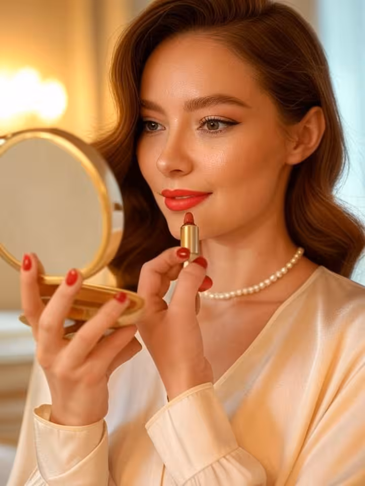 Woman applying classic red lipstick while looking in a vintage gold compact mirror, soft luxury ligh