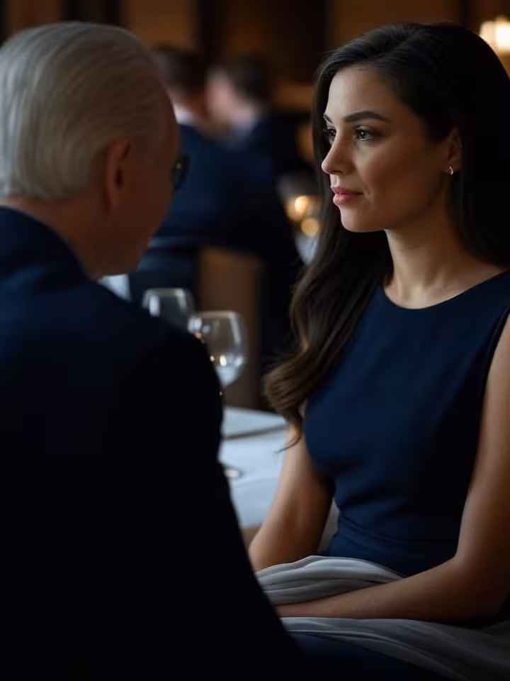 Elegant young woman having a serious but calm conversation with a distinguished older gentleman over