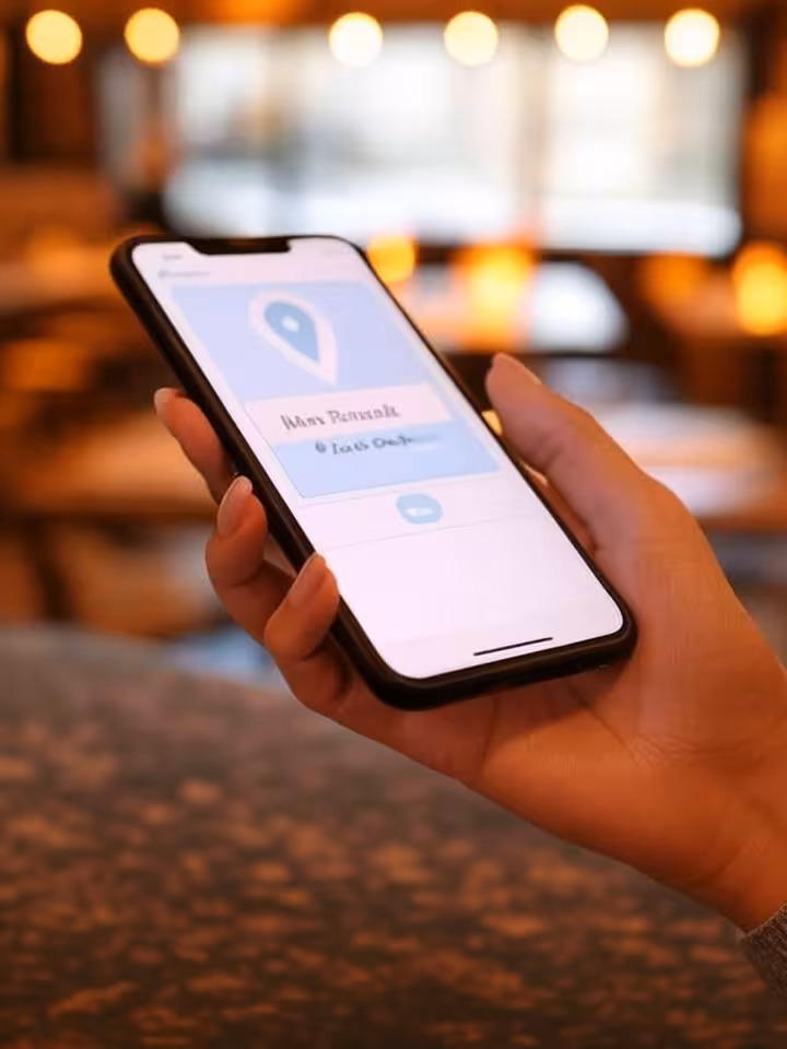 Smartphone screen showing ride-sharing app with location pin and safety check-in message, woman's ma