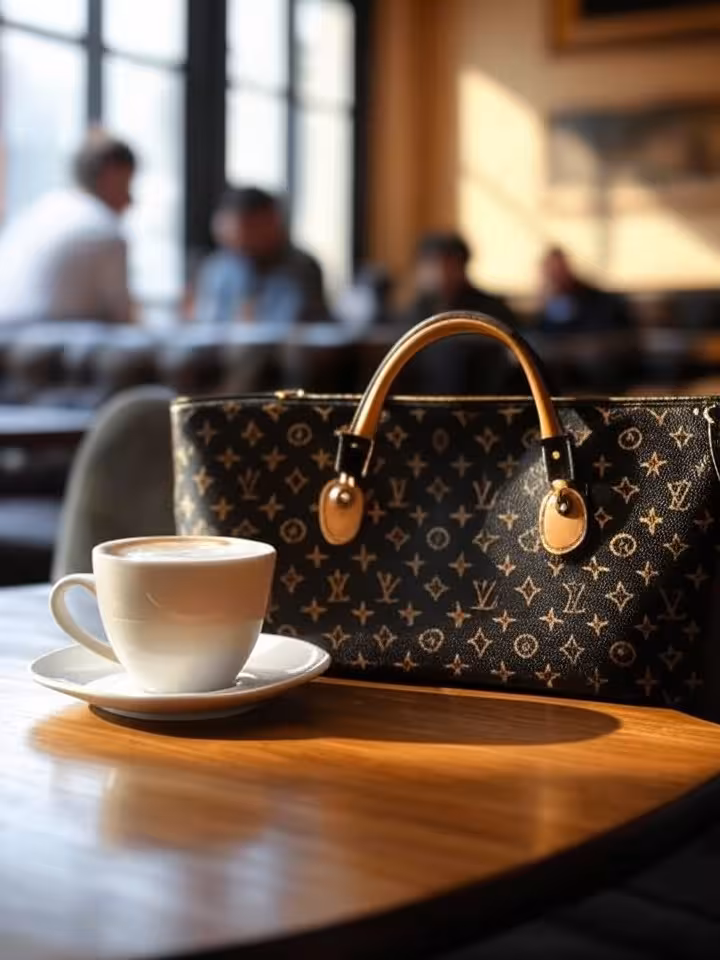 Intimate coffee shop scene with luxury details, designer handbag on table, cup of cappuccino, soft a