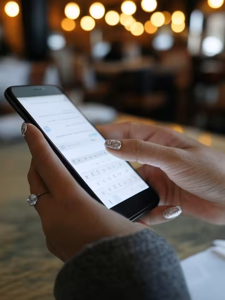 Close-up of hands holding a phone with messaging app interface, nail art and luxury jewelry visible,