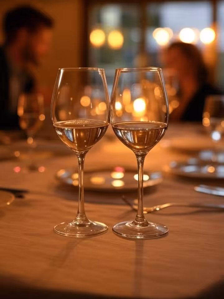 Two wine glasses clinking together at romantic dinner table, intimate restaurant lighting, soft focu