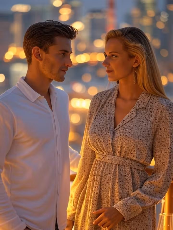 Elegant young couple at luxury rooftop bar in Miami, golden hour lighting, modern glamorous setting,