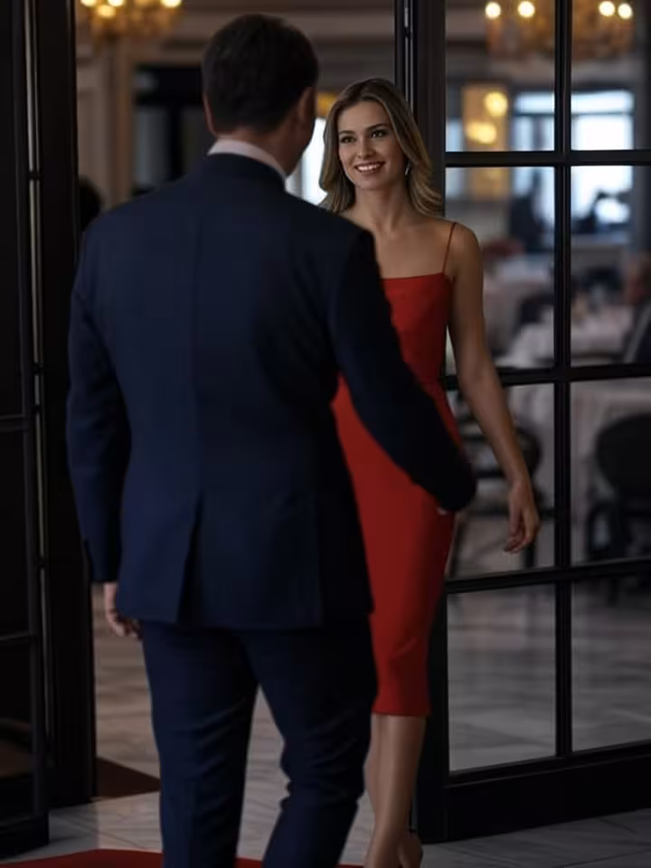Confident young woman in elegant cocktail dress entering upscale restaurant, welcoming maître d' gre