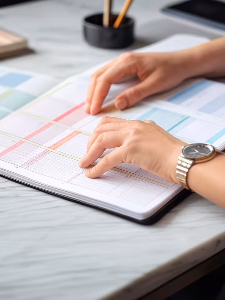 Split screen visual showing woman's hands writing in planner with color-coded schedules, luxury watc