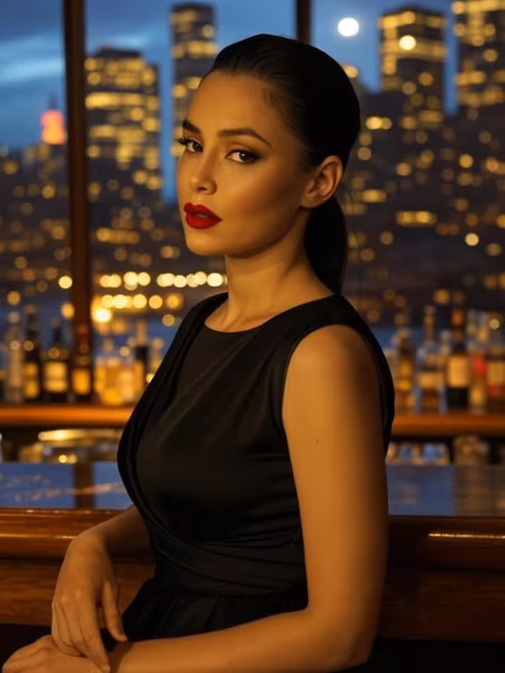Sophisticated woman in elegant black dress with bold red lipstick at upscale restaurant bar, dramati