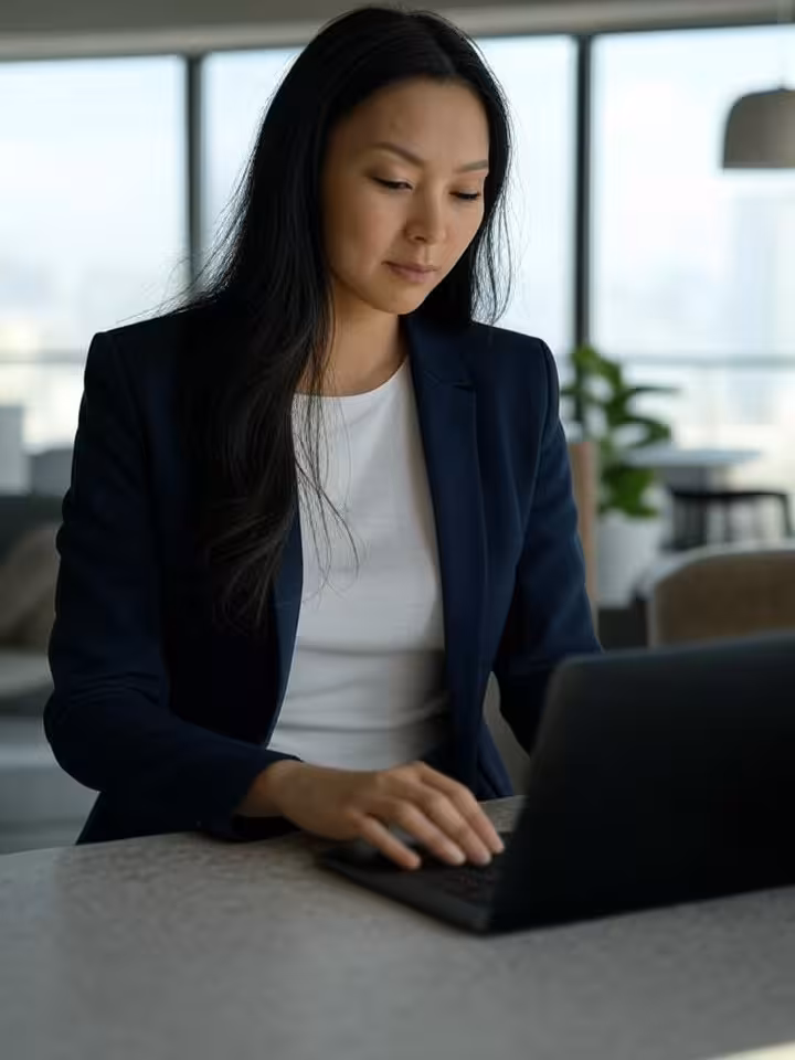 Modern stylish woman working on laptop in chic urban apartment, panoramic city views, contemporary i