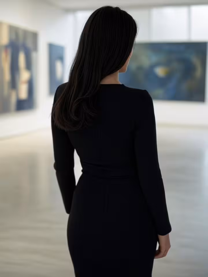 Stylish woman walking through modern art gallery in designer outfit, confident posture from behind,