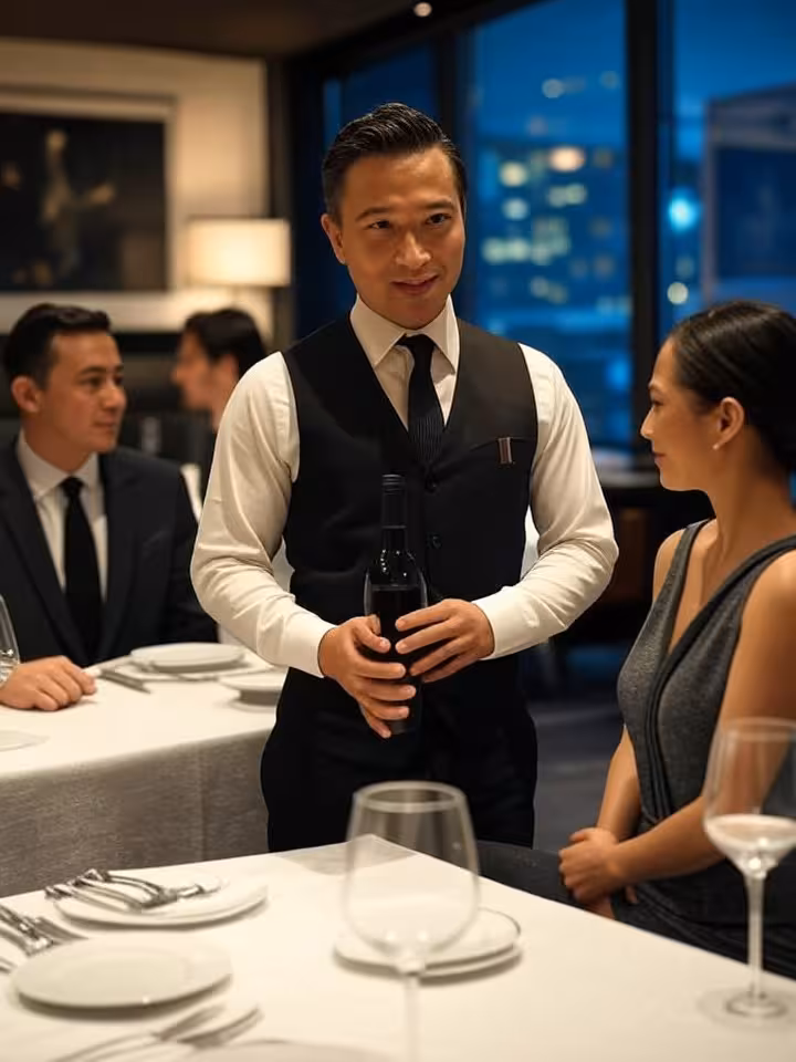 Sommelier presenting wine bottle to well-dressed couple at upscale restaurant, professional service