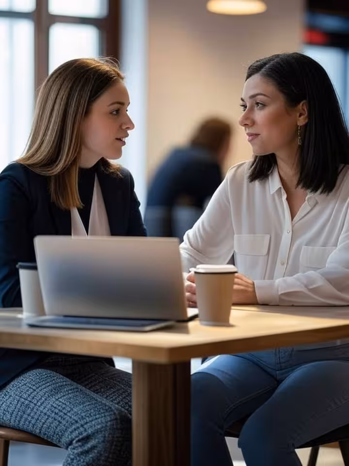 Intimate coffee shop meeting between stylish young professional and elegant woman, natural sunlight