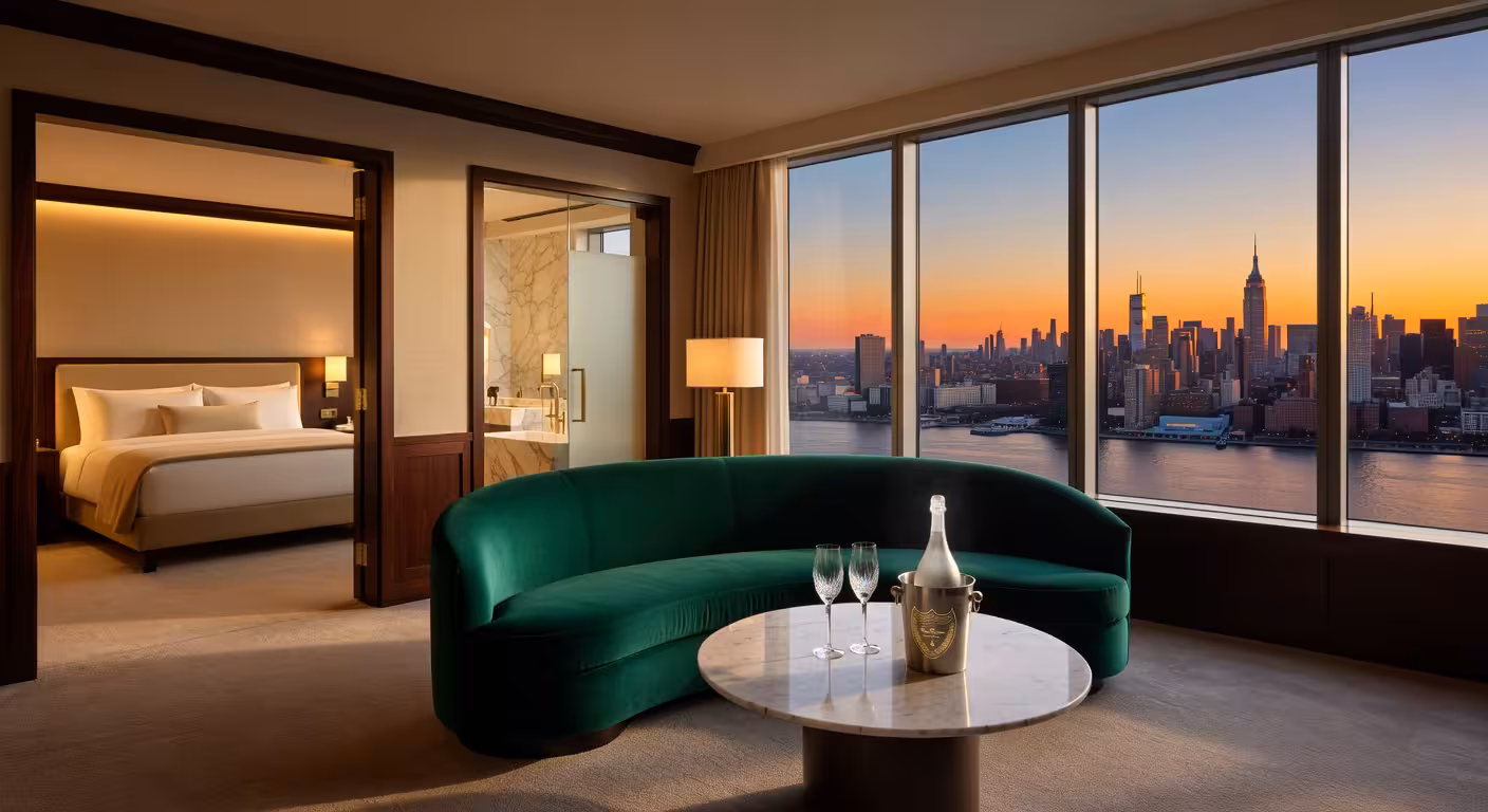 Luxurious hotel suite interior with floor-to-ceiling windows, city skyline view, champagne on table,