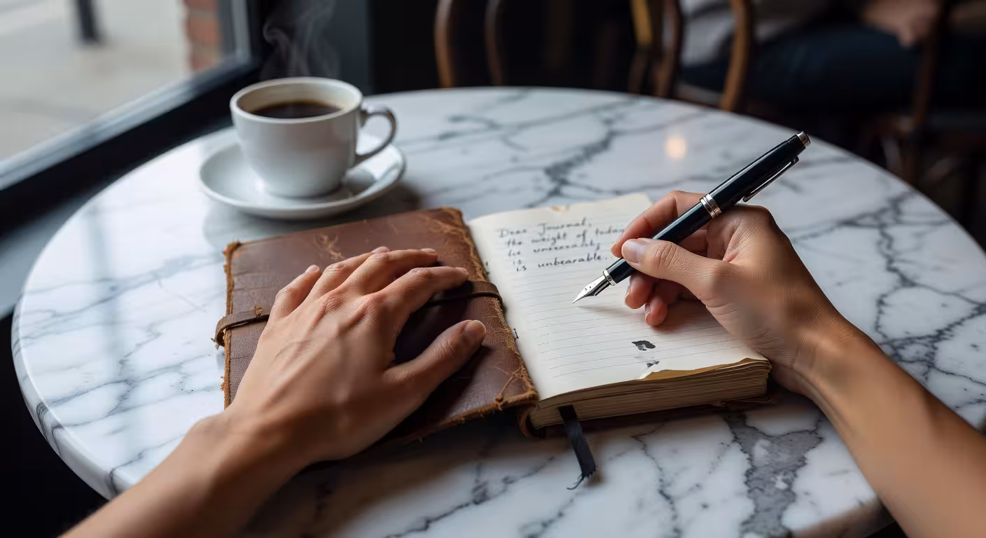 Close-up of woman's hands holding worn journal and pen at marble cafe table, coffee cup nearby, raw