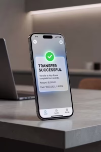 Smartphone screen displaying banking app with successful transfer notification, modern minimalist se