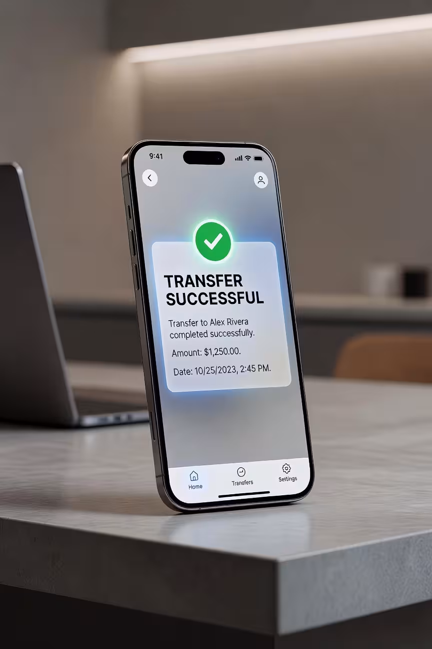 Smartphone screen displaying banking app with successful transfer notification, modern minimalist se